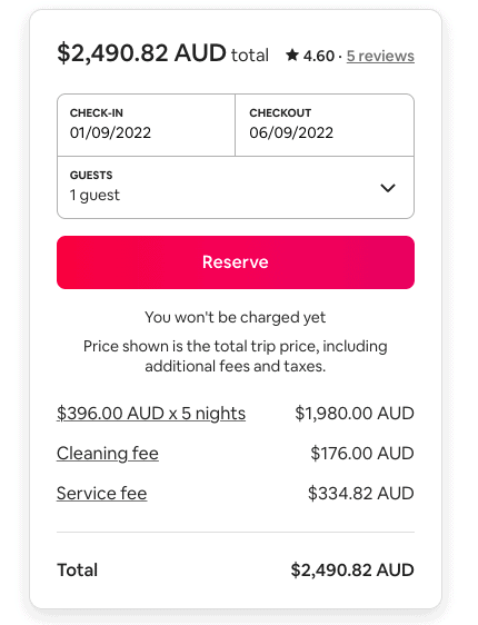 an airbnb reservation charge showing the amount expense paid for rental